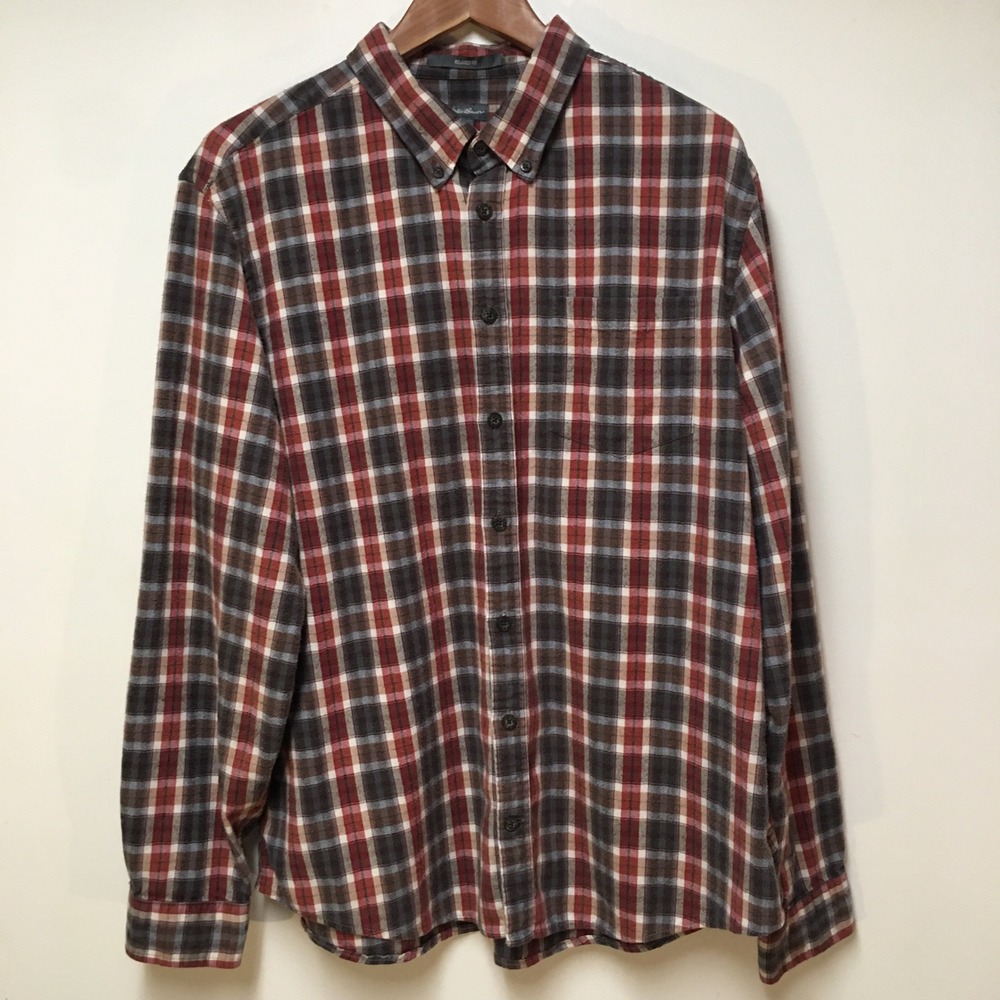 Eddie Bauer Flannel Shirt Mens TXL Red Brown Plaid Relaxed Fit Cotton Outdoor